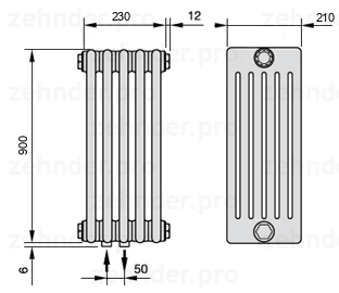 Схема (чертеж) Радиатор Zehnder Charleston 6090/5 №3470 Белый глянцевый RAL 9016